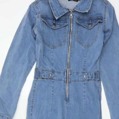 PrettyLittleThing Women Blue Denim Zip Jumpsuit UK 8 Long Sleeve