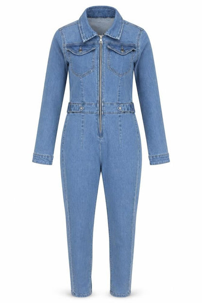 PrettyLittleThing Women Blue Denim Zip Jumpsuit UK 8 Long Sleeve
