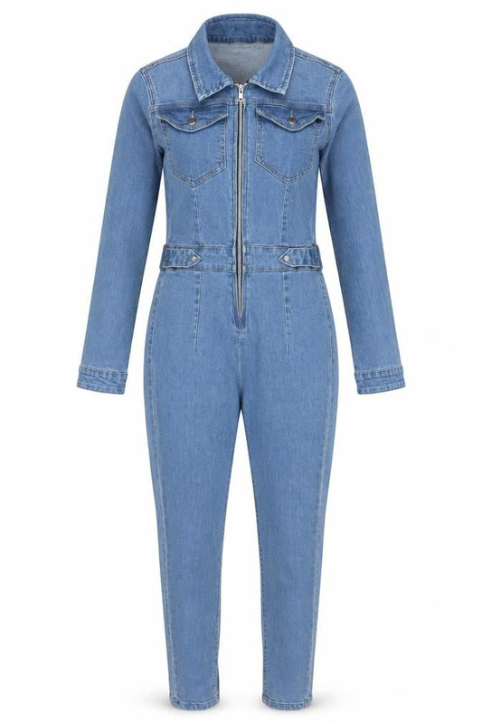 PrettyLittleThing Women Blue Denim Zip Jumpsuit UK 8 Long Sleeve