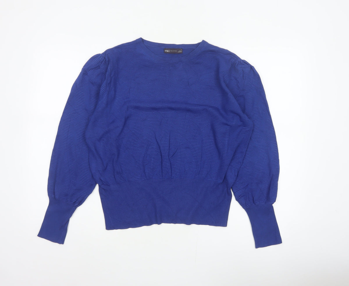 Marks & Spencer Women Blue L Geometric Puff Sleeve Knit Jumper