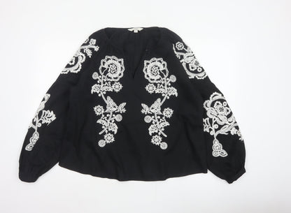 Marks and Spencer Women Black Size 12 Embroidered Floral V-Neck Blouse