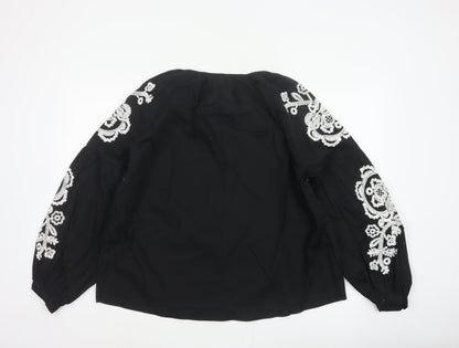 Marks and Spencer Women Black Size 12 Embroidered Floral V-Neck Blouse