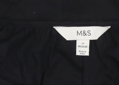 Marks and Spencer Women Black Size 12 Embroidered Floral V-Neck Blouse