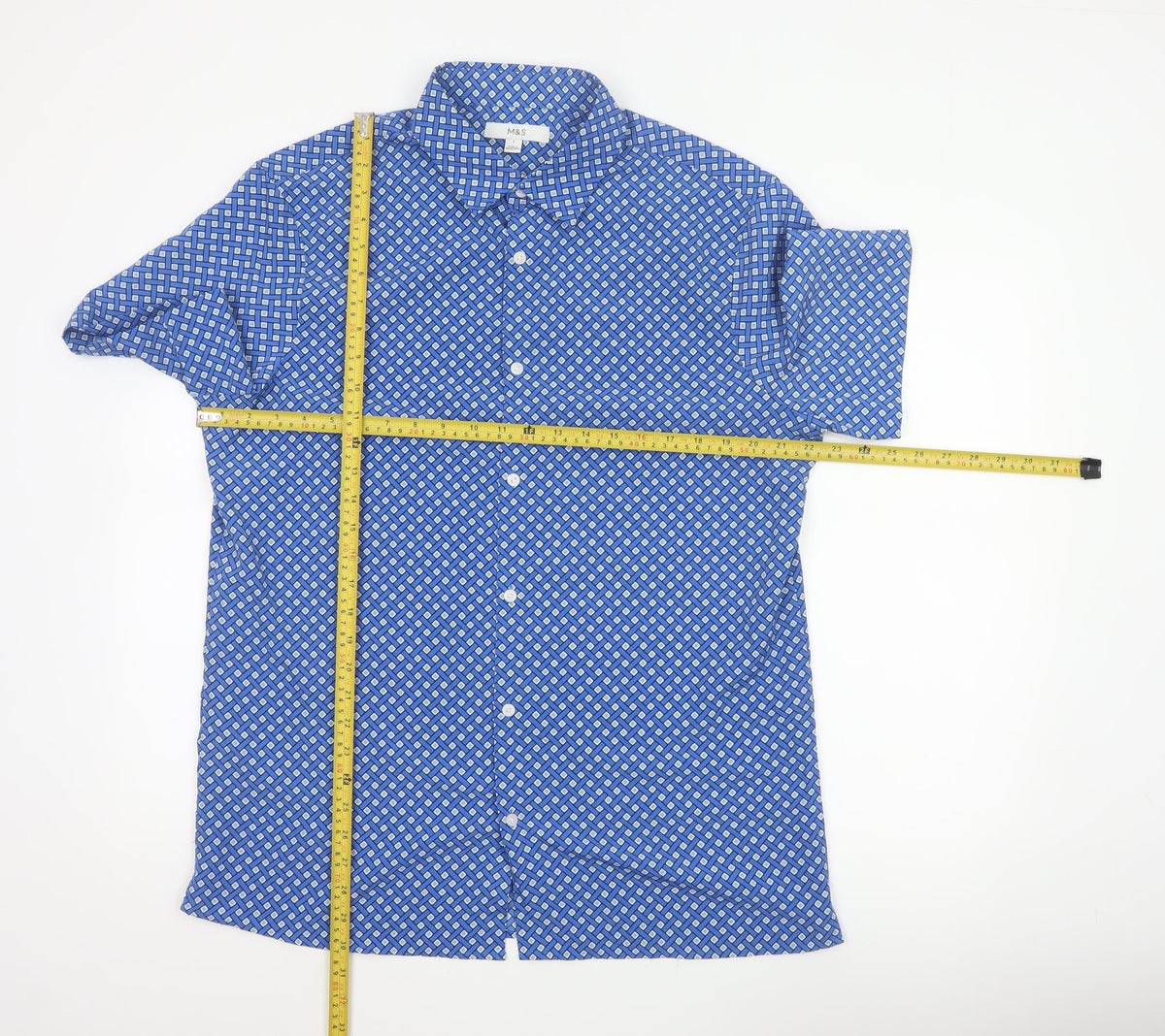 Marks and Spencer Men Blue L Geometric Short Sleeve Button-Up Shirt