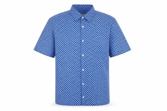Front view of Marks and Spencer Men Blue L Geometric Short Sleeve Button-Up Shirt