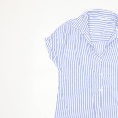 beachlunchlounge Women Blue Striped S Short Sleeve Button-Up Shirt