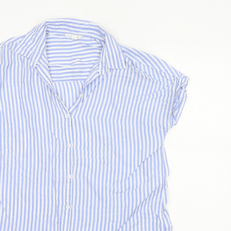 beachlunchlounge Women Blue Striped S Short Sleeve Button-Up Shirt