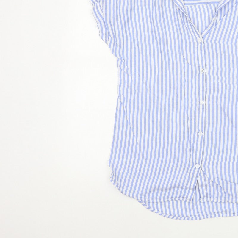 beachlunchlounge Women Blue Striped S Short Sleeve Button-Up Shirt