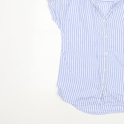 beachlunchlounge Women Blue Striped S Short Sleeve Button-Up Shirt