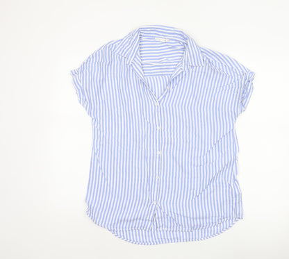beachlunchlounge Women Blue Striped S Short Sleeve Button-Up Shirt
