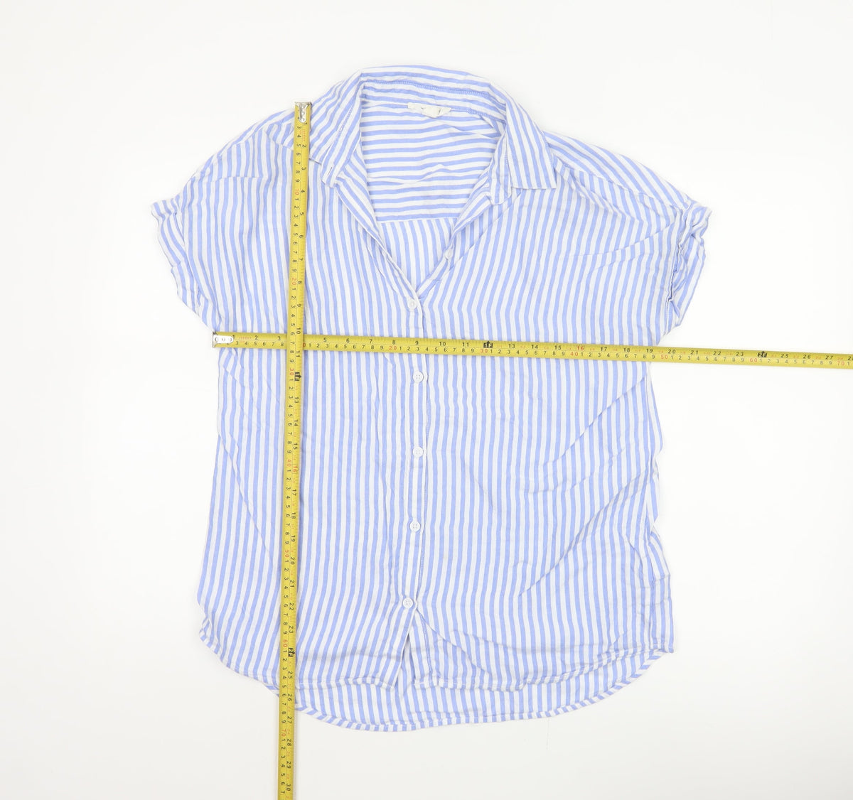 beachlunchlounge Women Blue Striped S Short Sleeve Button-Up Shirt