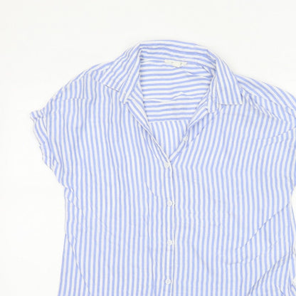 beachlunchlounge Women Blue Striped S Short Sleeve Button-Up Shirt