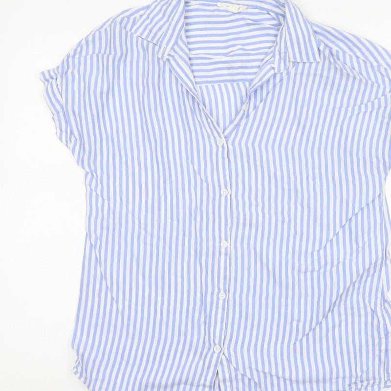 beachlunchlounge Women Blue Striped S Short Sleeve Button-Up Shirt