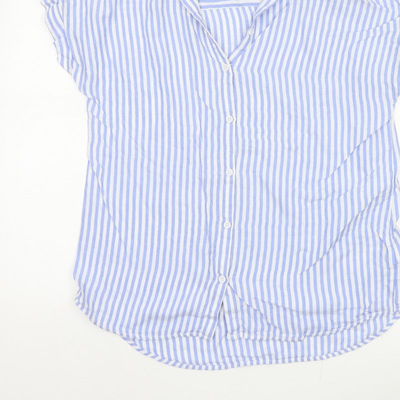 beachlunchlounge Women Blue Striped S Short Sleeve Button-Up Shirt