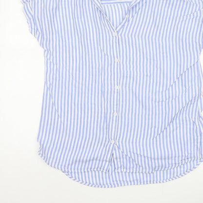 beachlunchlounge Women Blue Striped S Short Sleeve Button-Up Shirt
