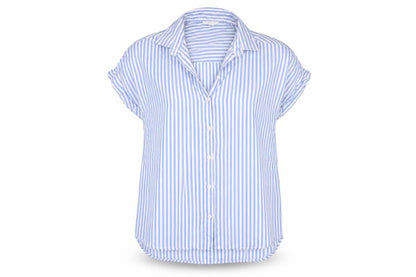 beachlunchlounge Women Blue Striped S Short Sleeve Button-Up Shirt