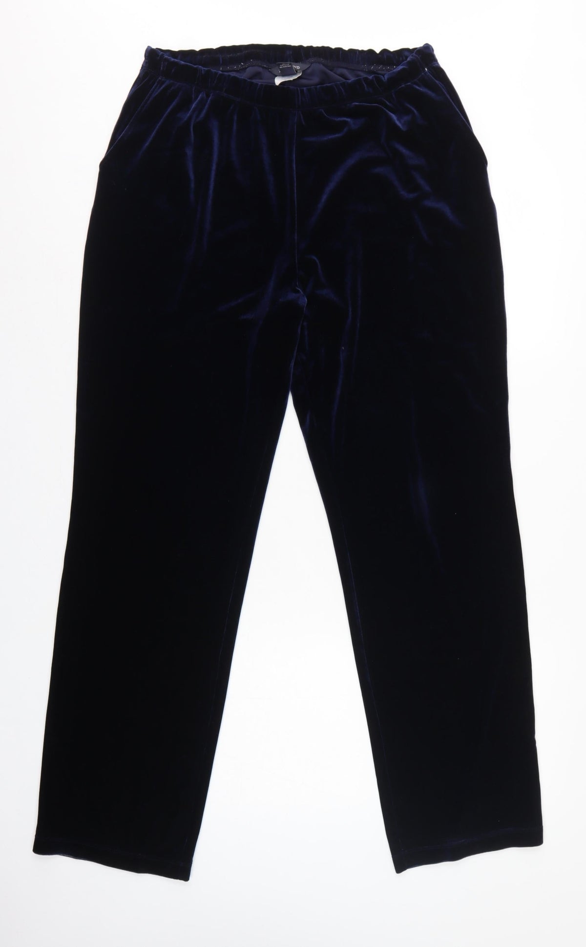 Lands' End Women Blue M Velvet Straight Leg Trousers Elastic Waist