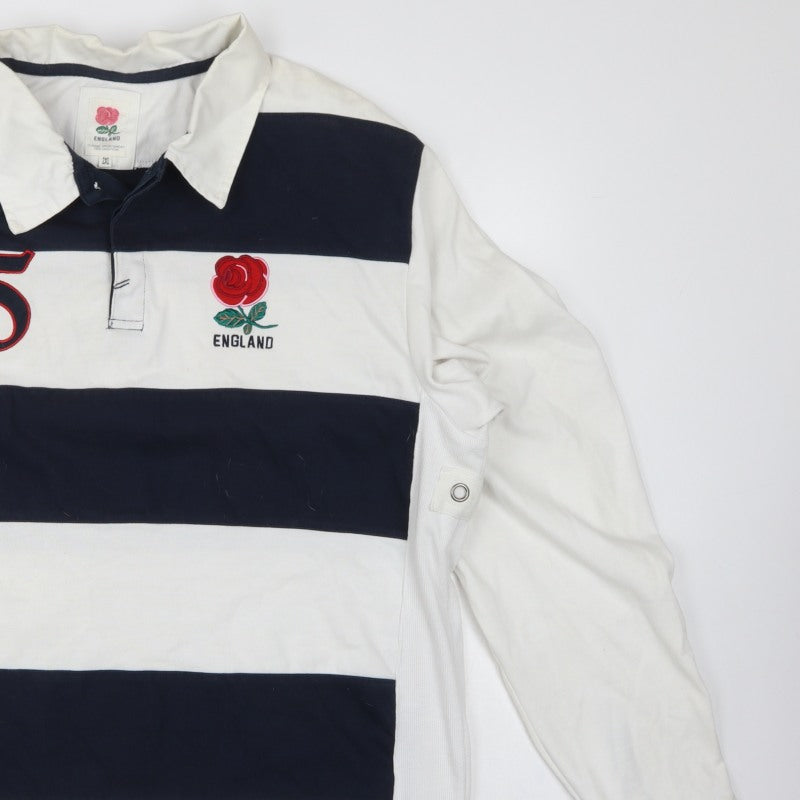 England Men’s 2XL White Navy Striped Long Sleeve Rugby Polo