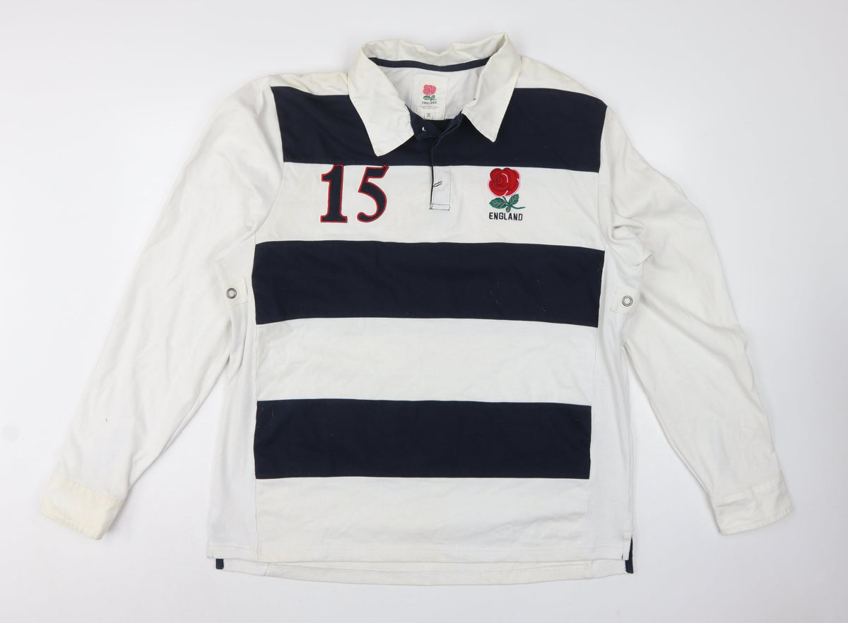 England Men’s 2XL White Navy Striped Long Sleeve Rugby Polo