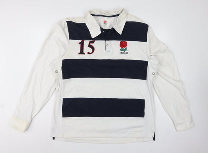 England Men’s 2XL White Navy Striped Long Sleeve Rugby Polo