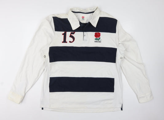 Back view of England Men’s 2XL White Navy Striped Long Sleeve Rugby Polo