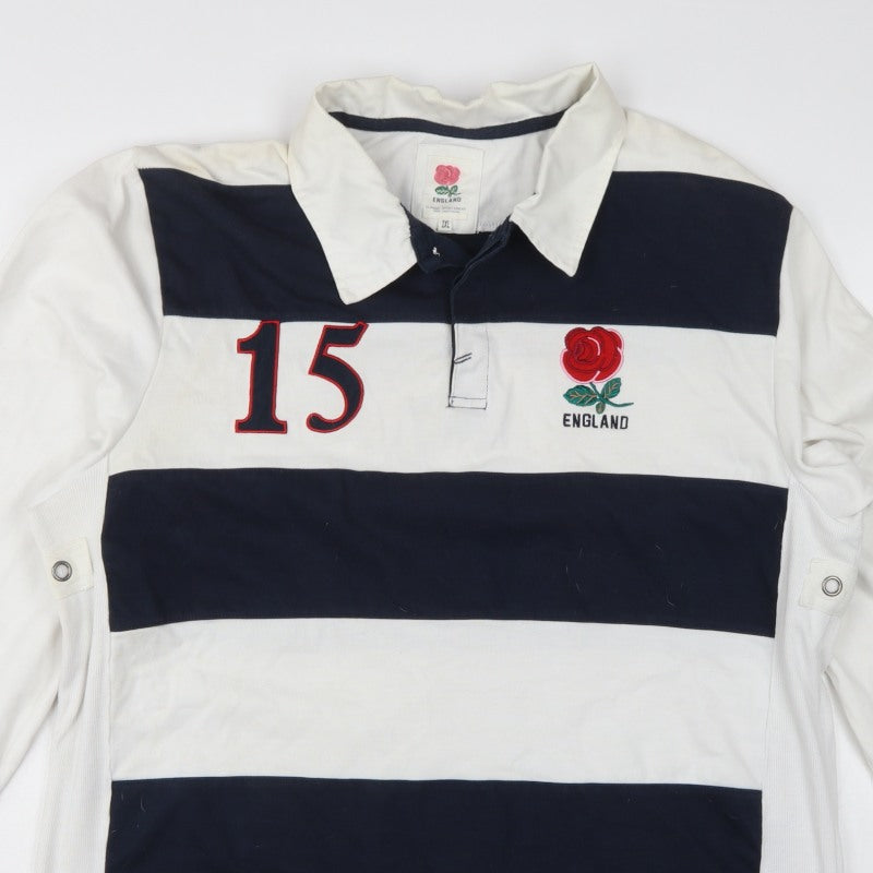England Men’s 2XL White Navy Striped Long Sleeve Rugby Polo
