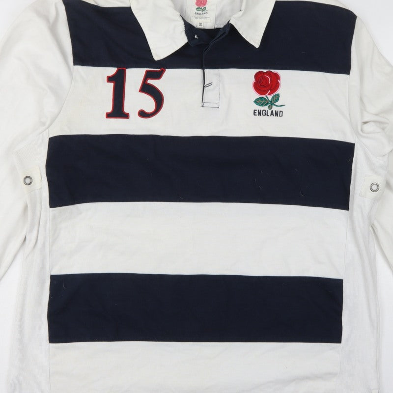 England Men’s 2XL White Navy Striped Long Sleeve Rugby Polo