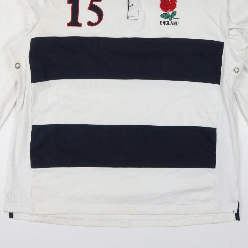 England Men’s 2XL White Navy Striped Long Sleeve Rugby Polo