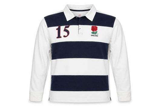 Front view of England Men’s 2XL White Navy Striped Long Sleeve Rugby Polo