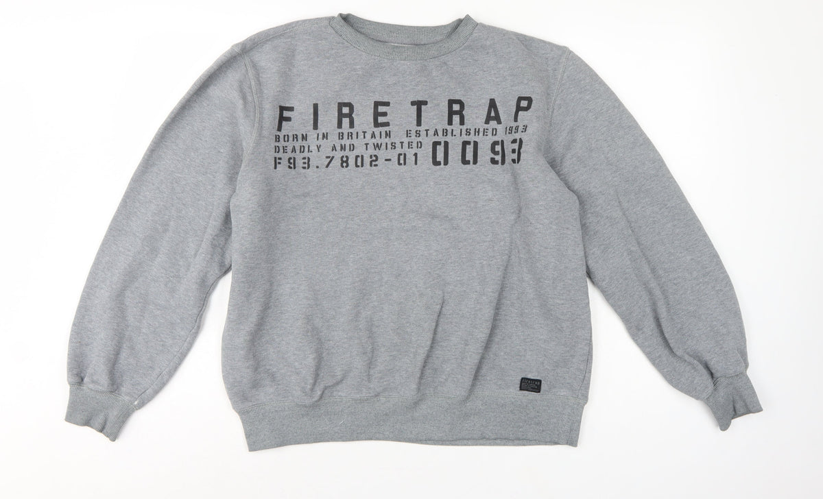 Firetrap Men’s Grey L Graphic Print Crew Neck Pullover Sweatshirt