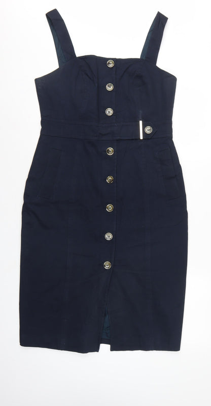 Karen Millen Women Blue UK 14 Pencil Knee Length Button Dress