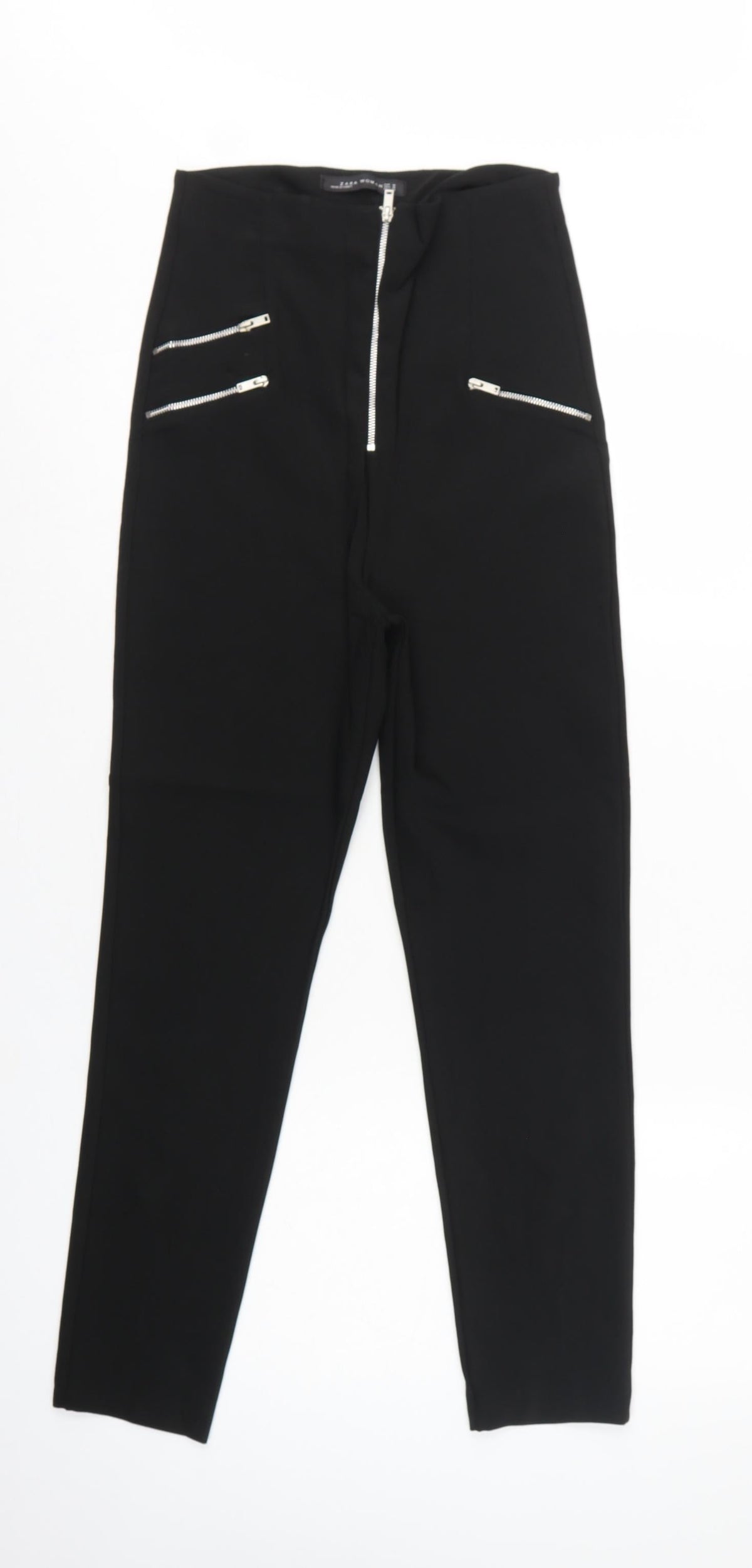 Zara Woman Black M High Rise Straight Zip Detail Trousers