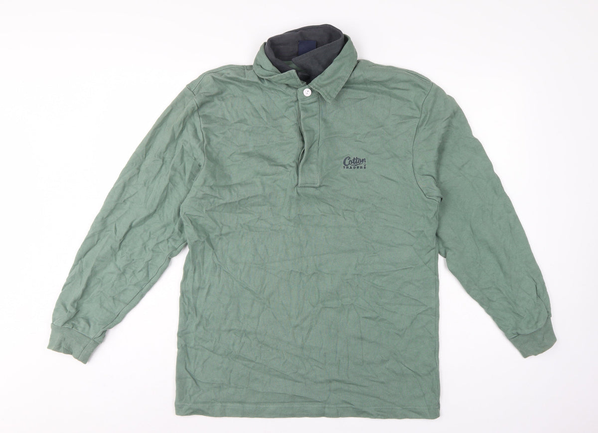 Cotton Traders Men’s Green M Collared Henley Sweatshirt Logo