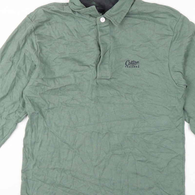 Cotton Traders Men’s Green M Collared Henley Sweatshirt Logo