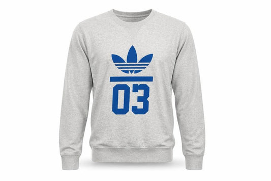 Front view of Adidas Men’s Grey S Pullover Sweatshirt Blue Trefoil 03 Graphic