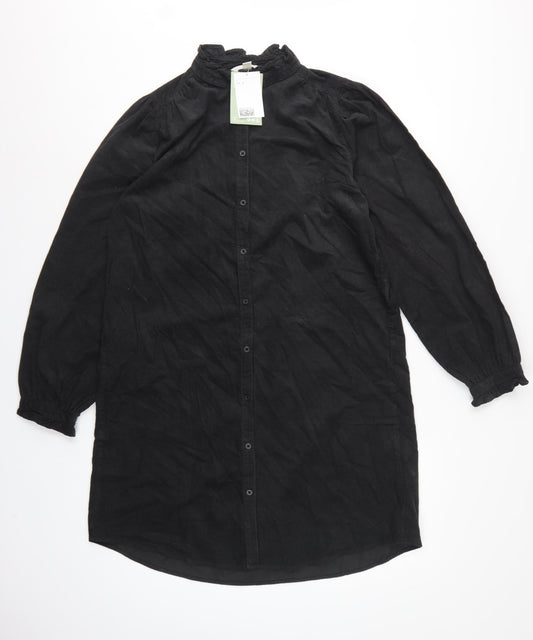 H&M Women Black UK 8 Corduroy Ruffle Collar Shirt Dress