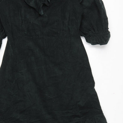 Warehouse Women Black Cotton Corduroy Ruffle Midi Fit & Flare Dress UK 12