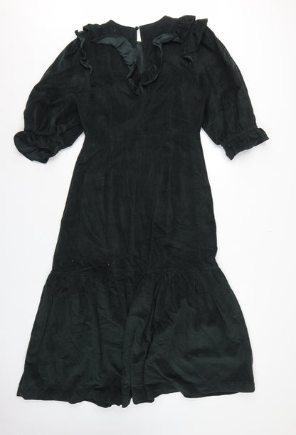 Warehouse Women Black Cotton Corduroy Ruffle Midi Fit & Flare Dress UK 12