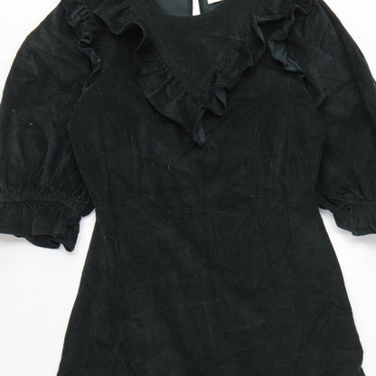 Warehouse Women Black Cotton Corduroy Ruffle Midi Fit & Flare Dress UK 12