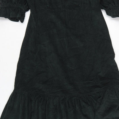 Warehouse Women Black Cotton Corduroy Ruffle Midi Fit & Flare Dress UK 12