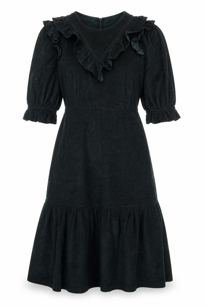 Warehouse Women Black Cotton Corduroy Ruffle Midi Fit & Flare Dress UK 12
