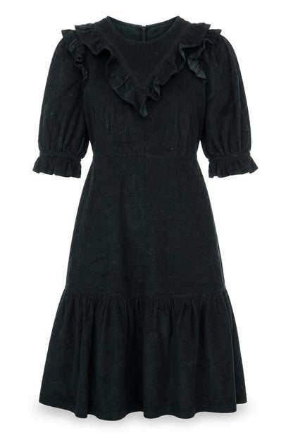 Warehouse Women Black Cotton Corduroy Ruffle Midi Fit & Flare Dress UK 12