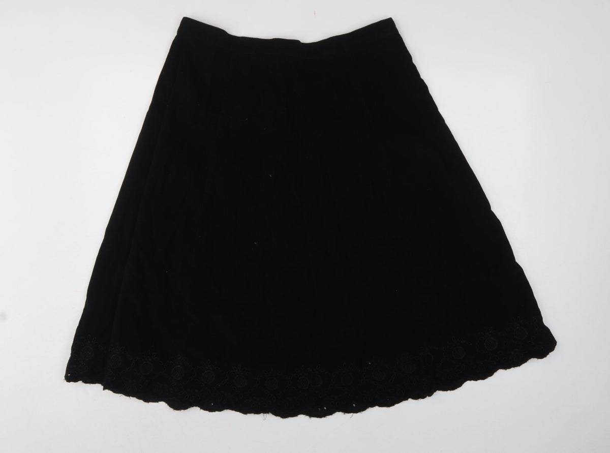 Marks & Spencer Women Black UK 14 A-Line Embroidered Knee Skirt