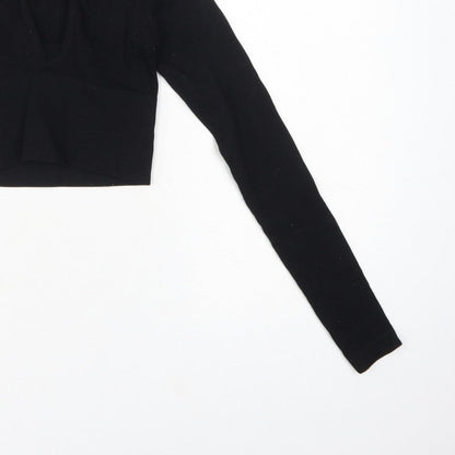 Urban Outfitters Women Black XS Cropped V-Neck Knit Long Sleeve Blouse