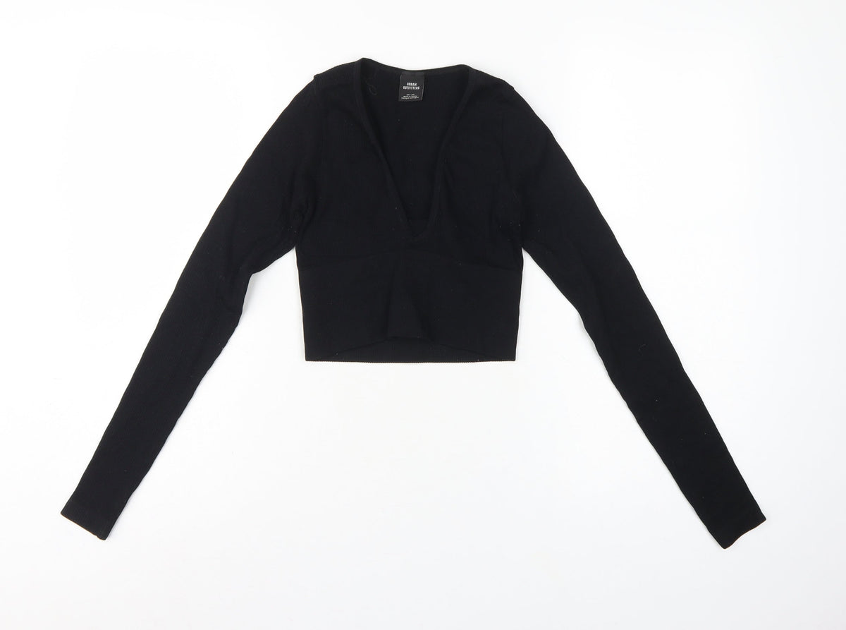 Urban Outfitters Women Black XS Cropped V-Neck Knit Long Sleeve Blouse