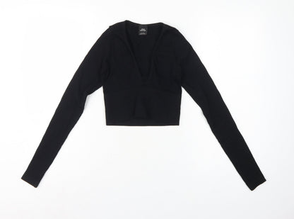 Urban Outfitters Women Black XS Cropped V-Neck Knit Long Sleeve Blouse