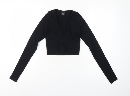 Urban Outfitters Women Black XS Cropped V-Neck Knit Long Sleeve Blouse