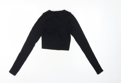Urban Outfitters Women Black XS Cropped V-Neck Knit Long Sleeve Blouse