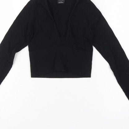 Urban Outfitters Women Black XS Cropped V-Neck Knit Long Sleeve Blouse