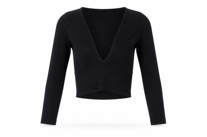 Urban Outfitters Women Black XS Cropped V-Neck Knit Long Sleeve Blouse